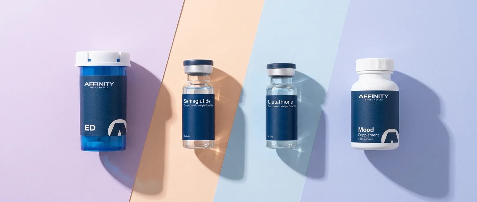 The Affinity Direct product family on pastel paper — ED treatment bottle, Semaglutide and Glutathione vials, and Mood supplement