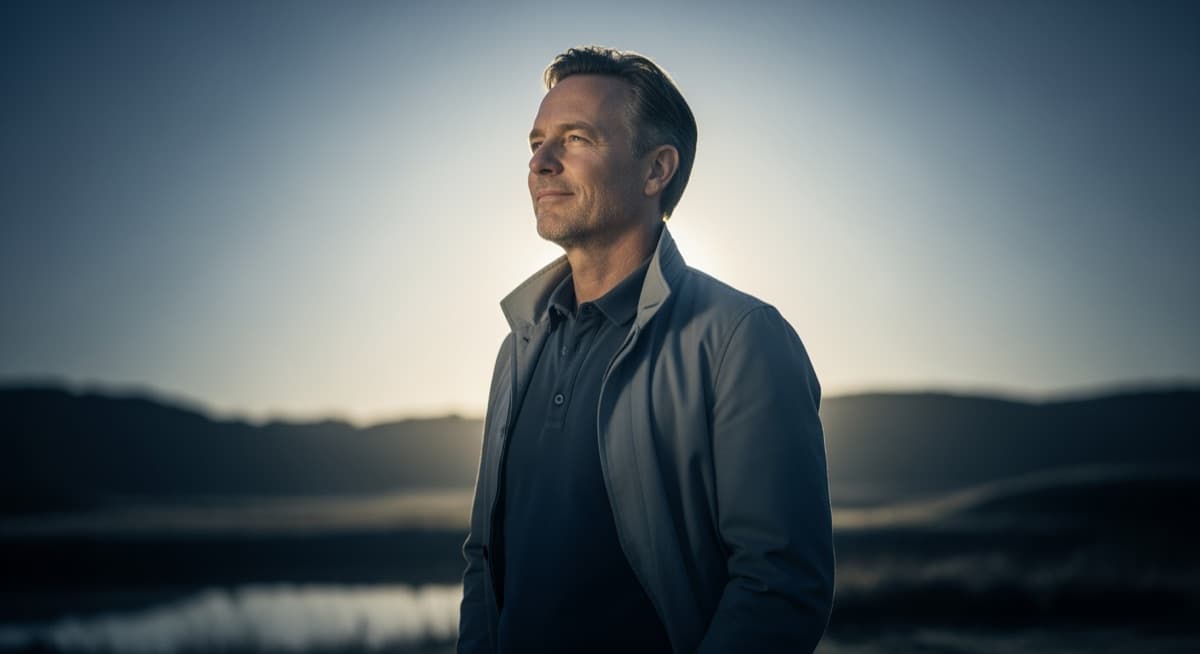 A confident, healthy man standing in soft morning light