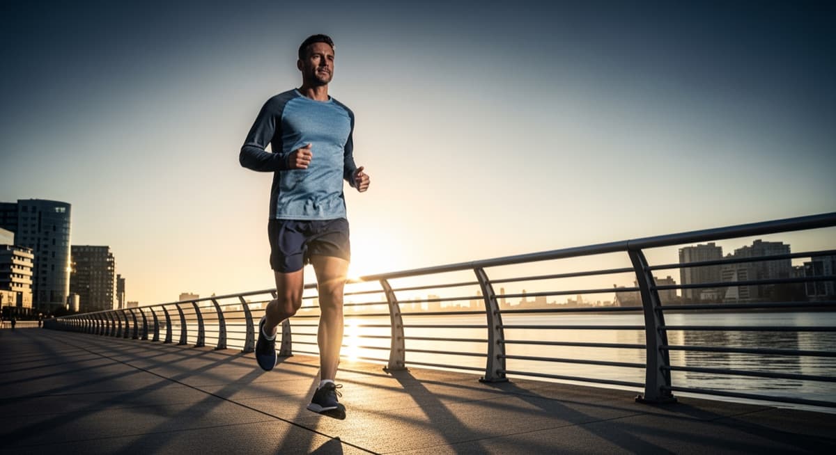 A fit man jogging outdoors, representing cardiovascular health
