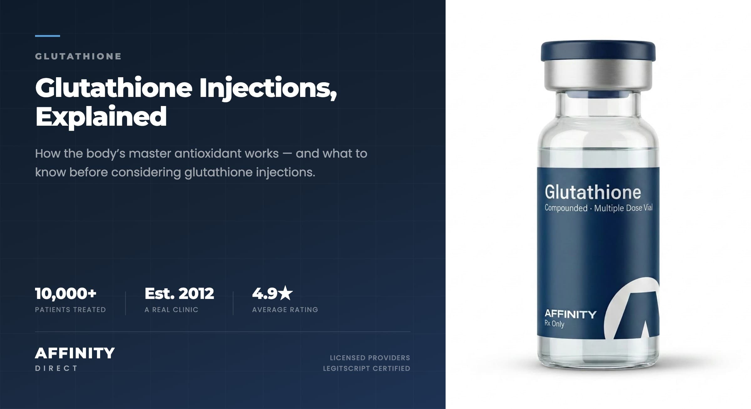 A single amber-glass Affinity Direct glutathione injection vial with a blue label, photographed on a clean neutral background