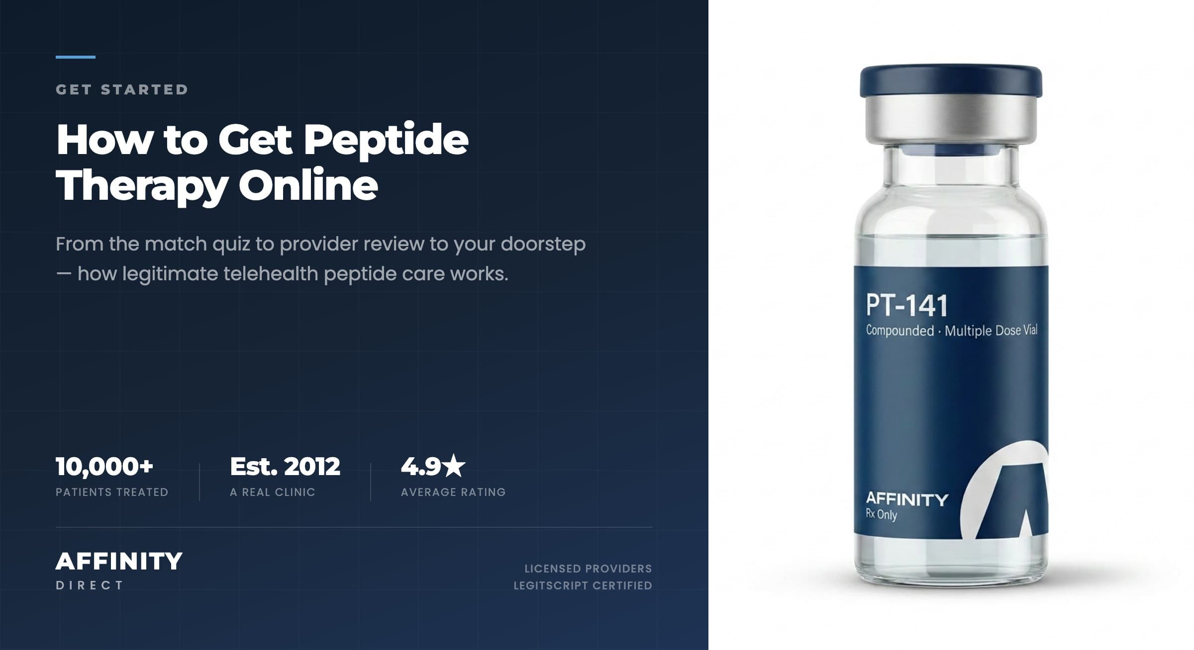 A single Affinity Direct compounded peptide vial with a brushed-aluminum cap, standing on a clean clinical surface against a soft navy background