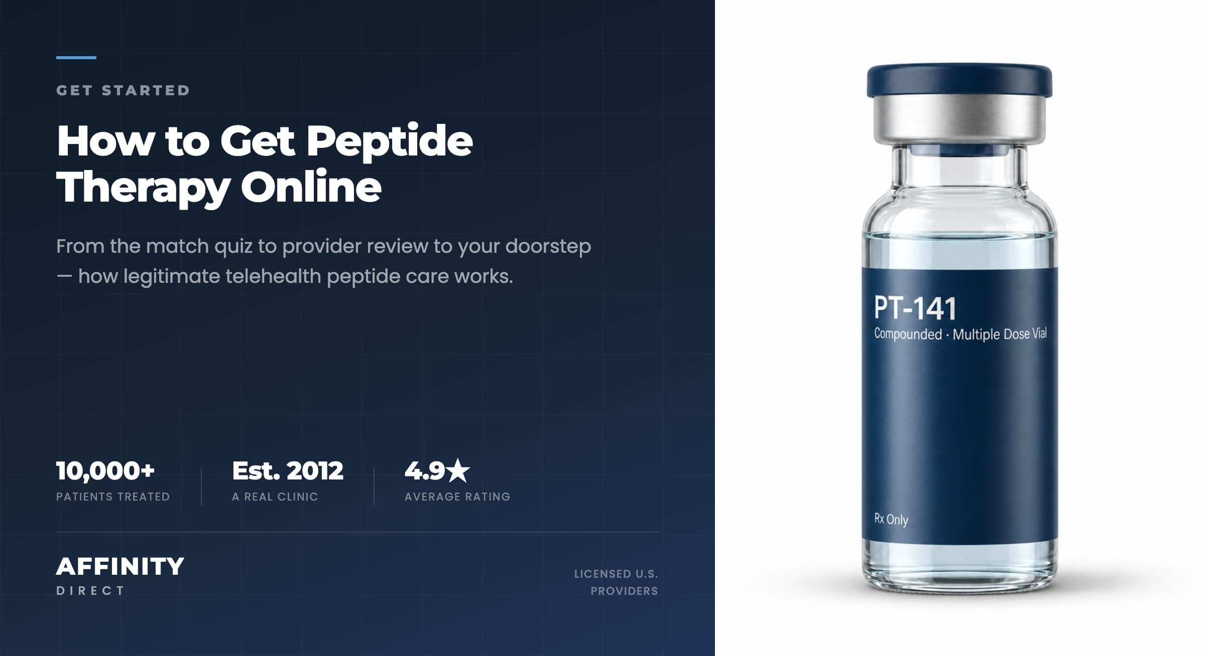 A single Affinity Direct compounded peptide vial with a brushed-aluminum cap, standing on a clean clinical surface against a soft navy background