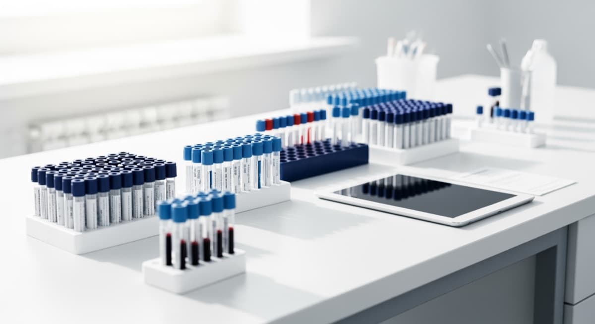 Clean clinical blood-test vials on a lab surface