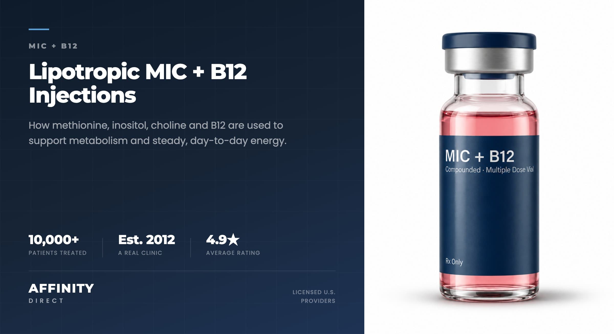 A single amber glass vial of Affinity Direct compounded MIC + B12 lipotropic injection on a clean clinical surface