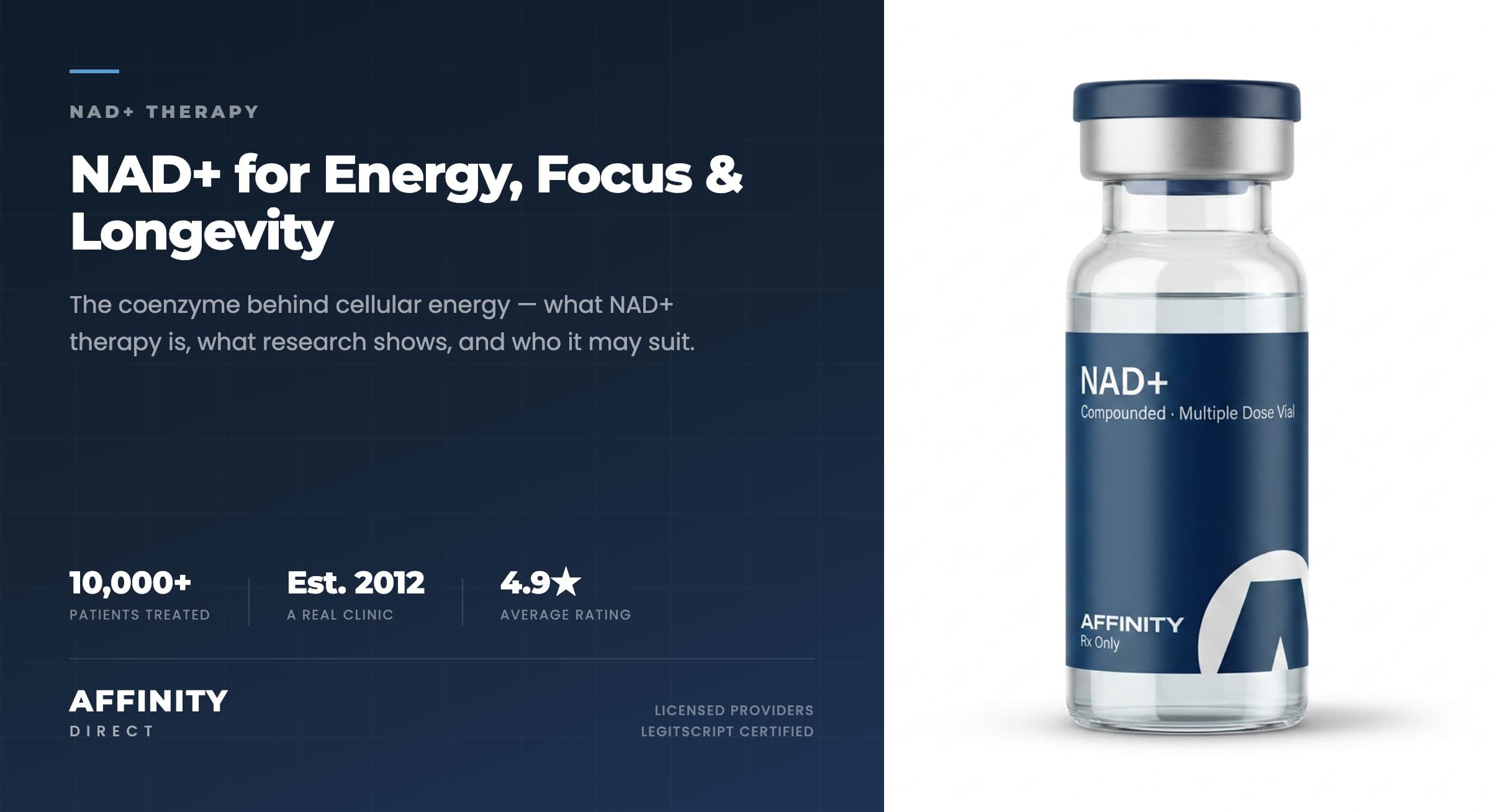 An Affinity Direct compounded NAD+ injection vial with a clean white label on a soft neutral background