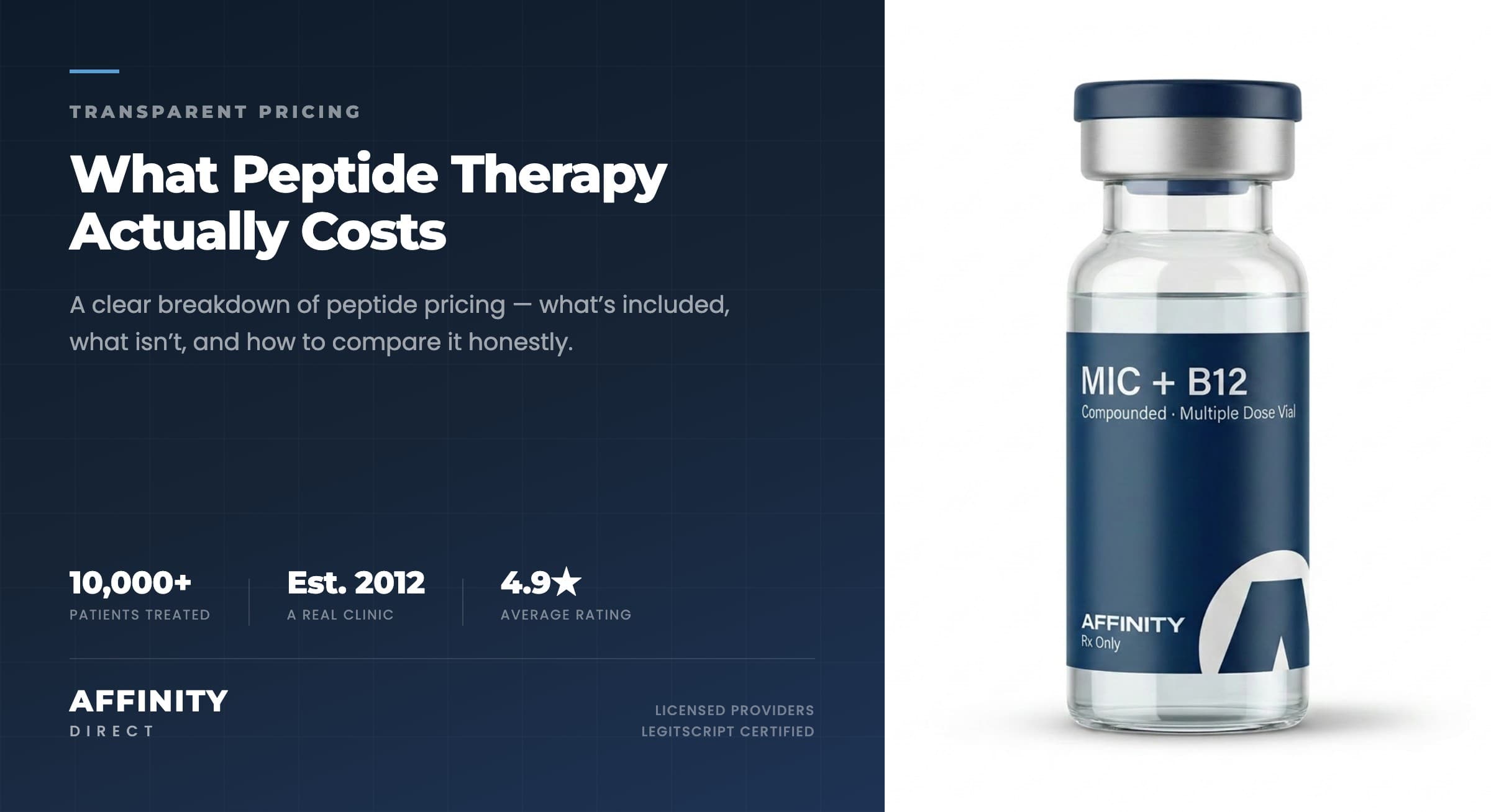 An Affinity Direct compounded peptide therapy vial photographed on a clean, light clinical background