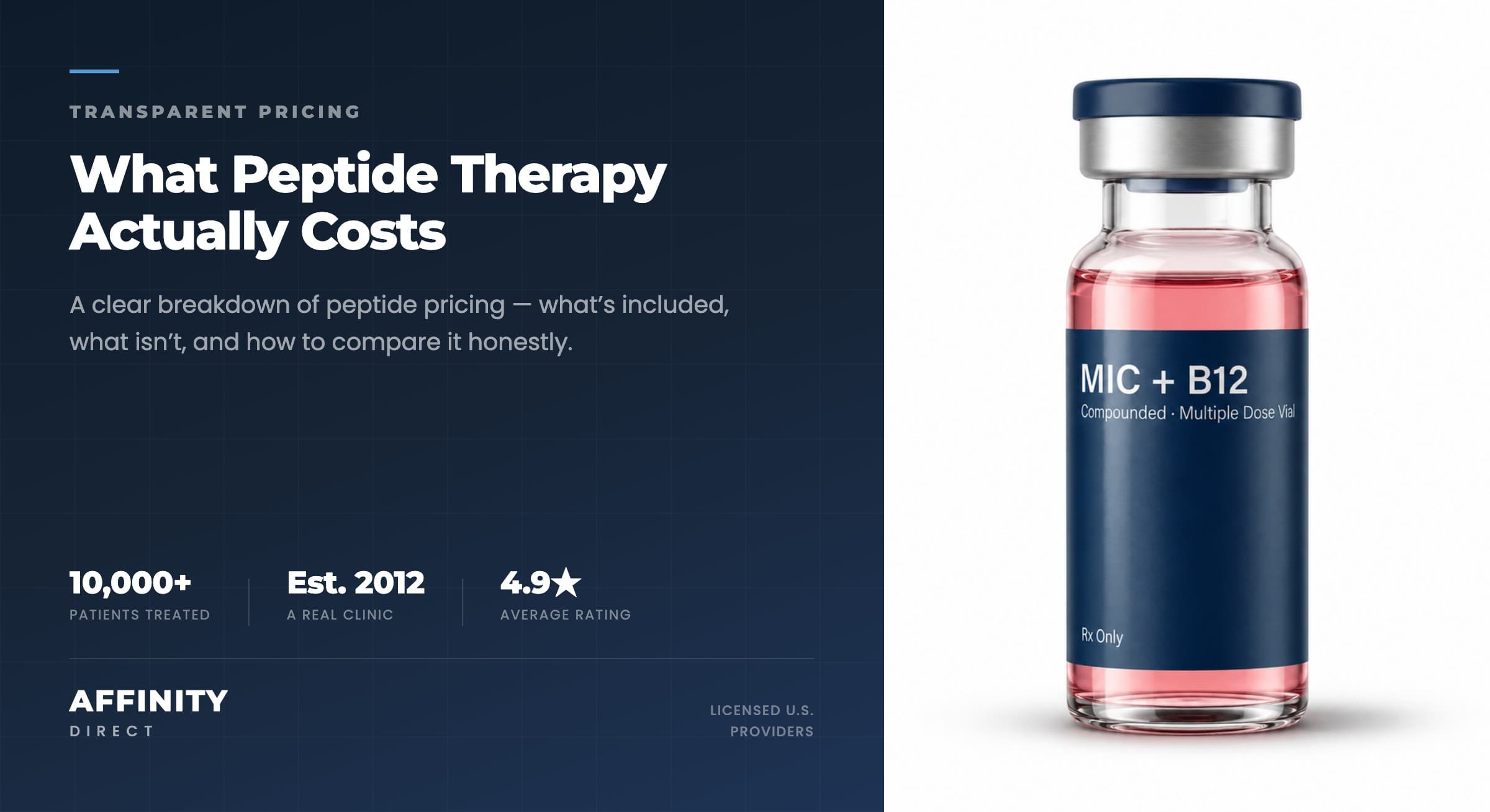 An Affinity Direct compounded peptide therapy vial photographed on a clean, light clinical background