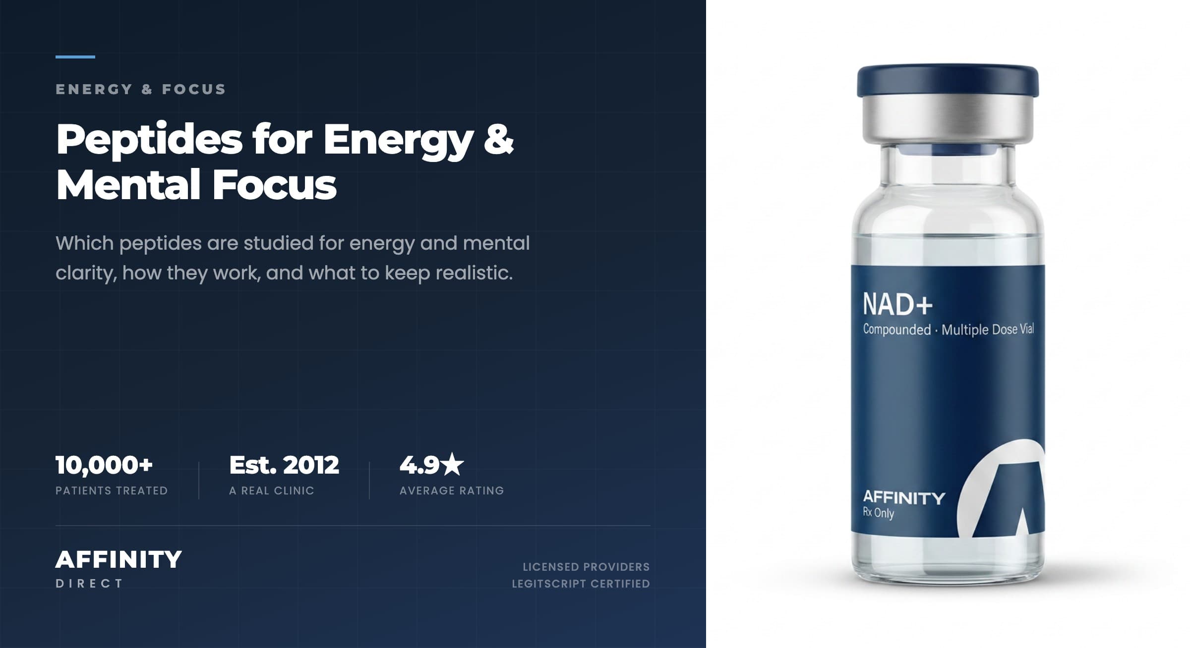 A single Affinity Direct compounded peptide vial with a navy and white label, photographed on a clean neutral background