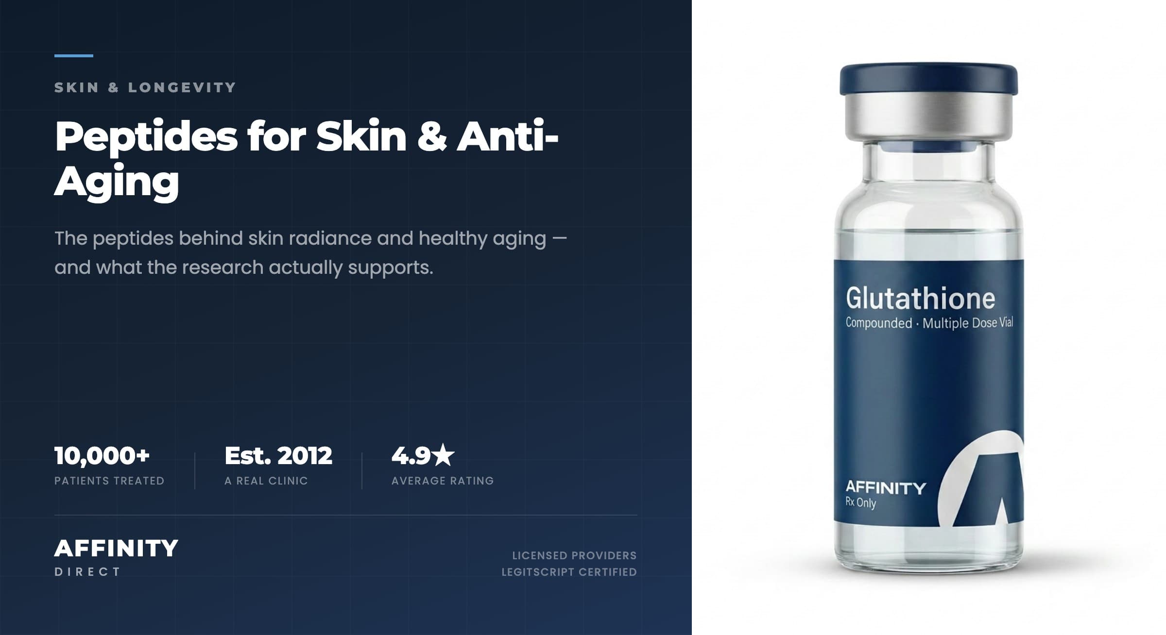 A single Affinity Direct compounded glutathione peptide vial with a brushed-metal cap, photographed on a clean light background