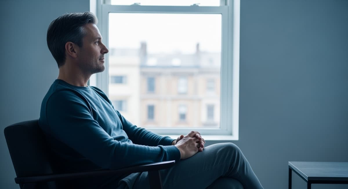 A thoughtful man looking out a window in quiet, natural light