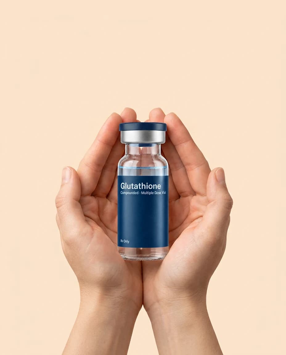 Two hands holding an Affinity Glutathione peptide vial
