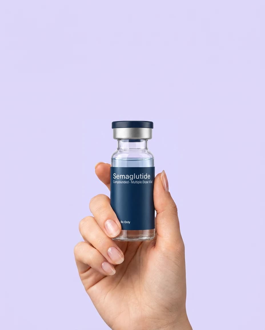 A hand holding an Affinity compounded Semaglutide vial