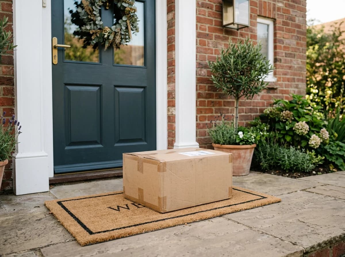 A plain, unmarked Affinity Direct package delivered to the front door