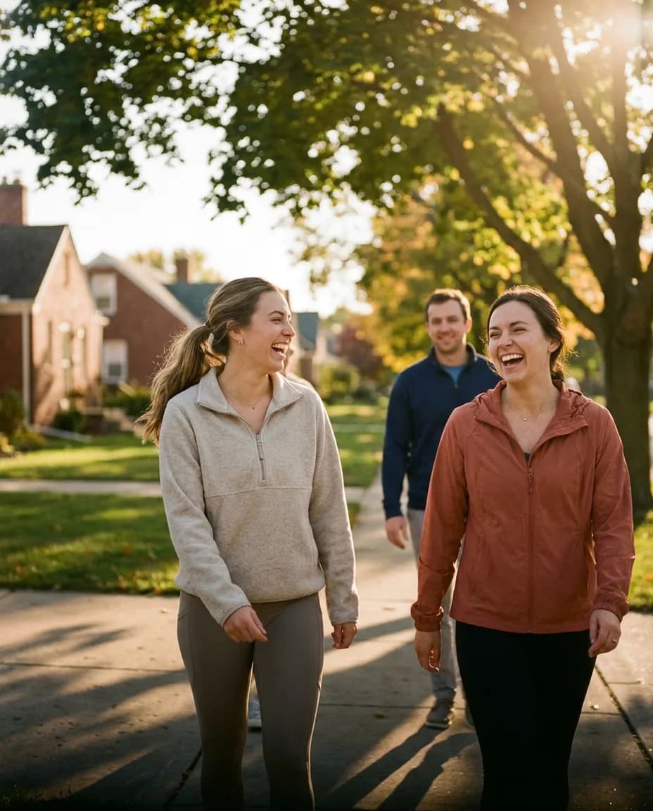 Two women laughing together on a morning neighborhood walk