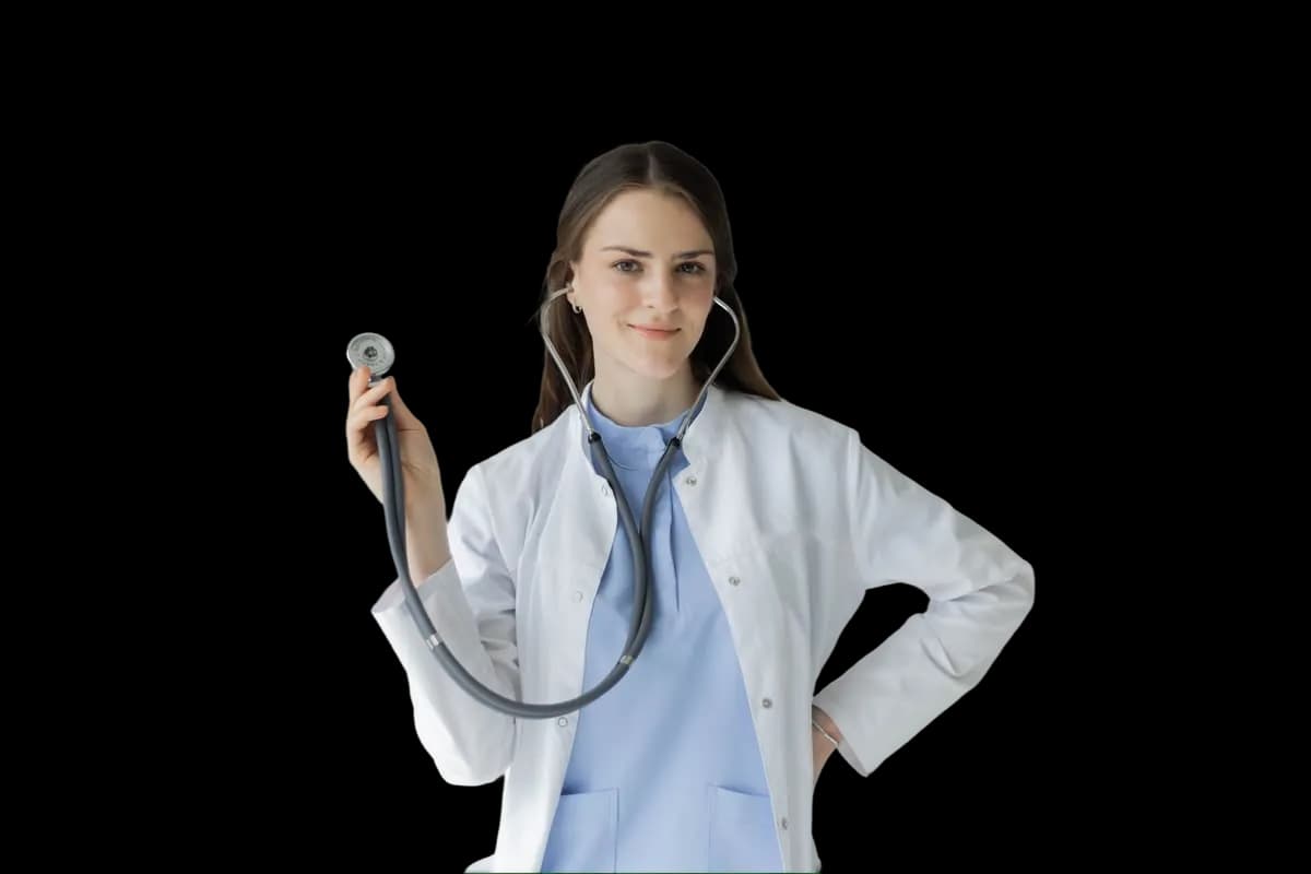 A clinician in a white coat and scrubs holding up a stethoscope