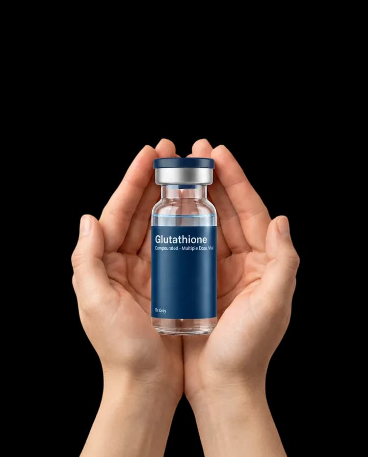 Two hands holding a glutathione peptide vial