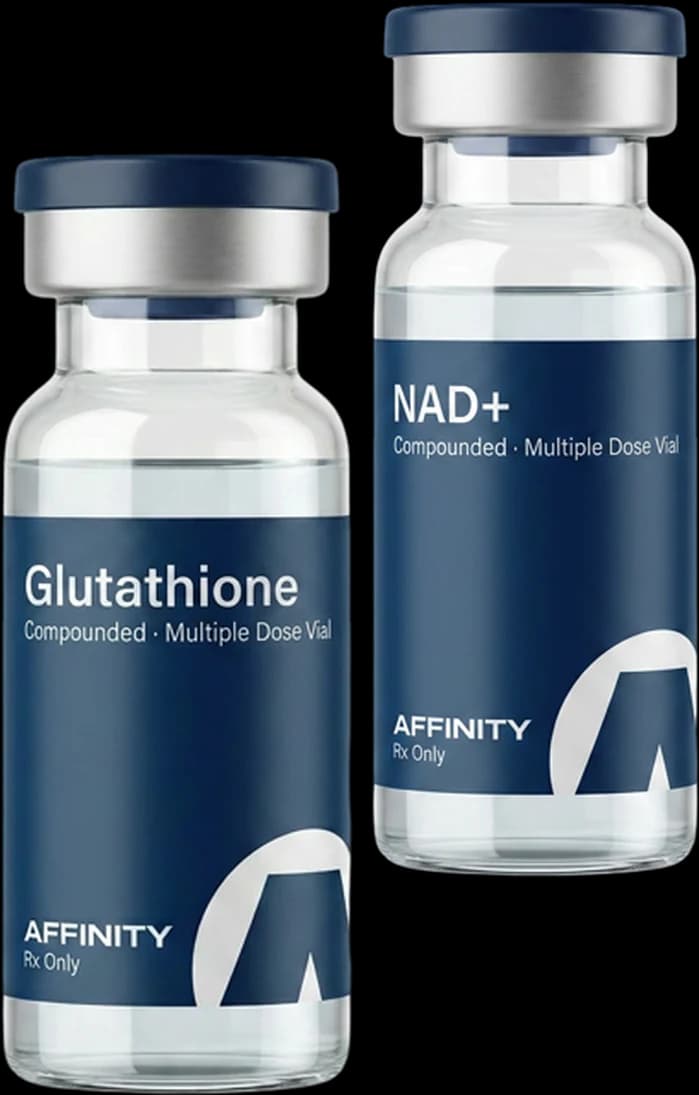 Affinity-labelled compounded glutathione and NAD+ multiple-dose vials