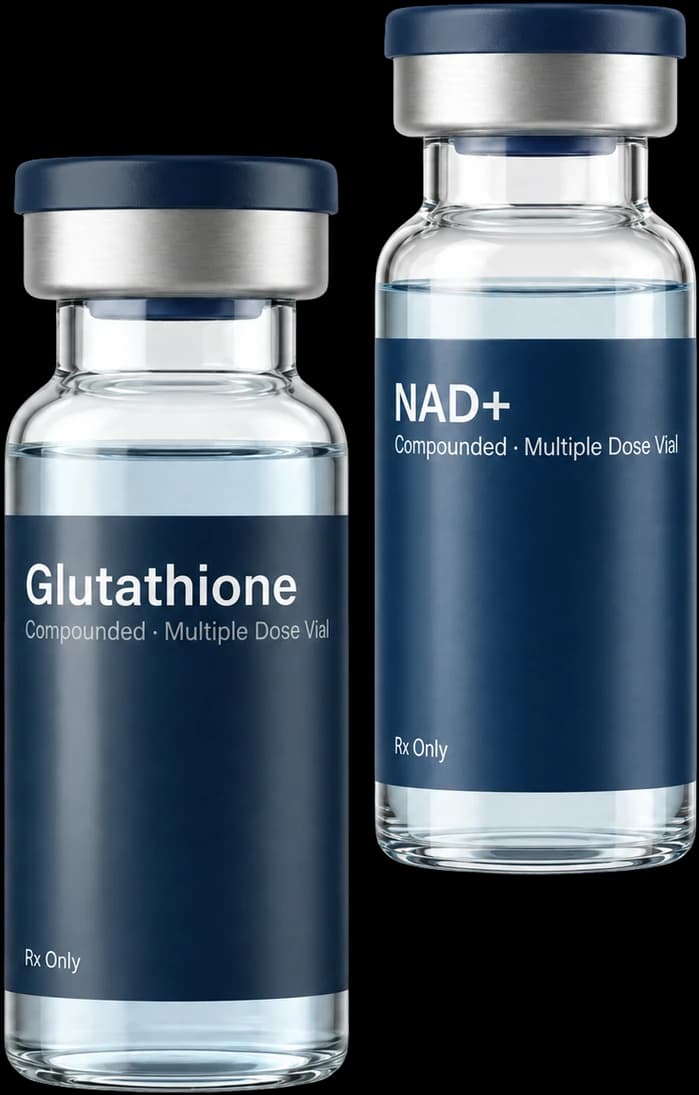 Affinity-labelled compounded glutathione and NAD+ multiple-dose vials